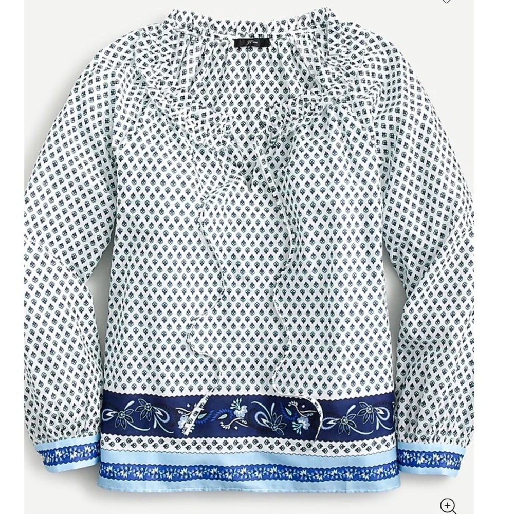 J. Crew White Blouse with Navy and Light Blue Border Print